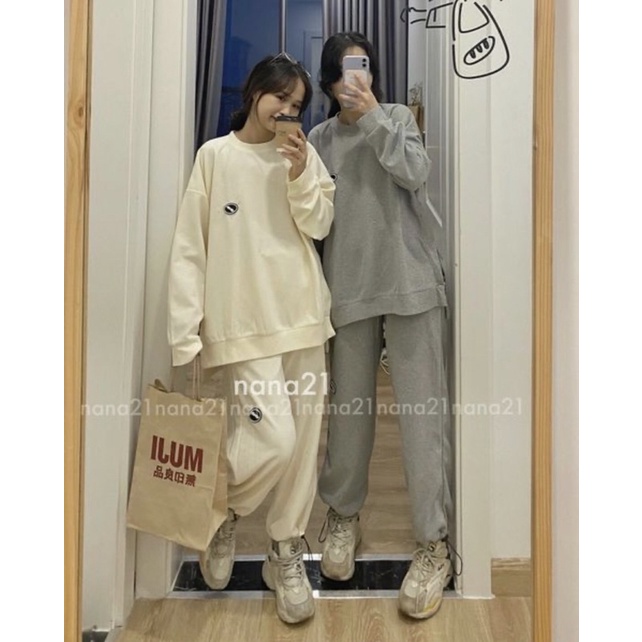 Set Nỉ Tăm Quần Áo Dài Tay Logo Cao Su Thu Đông - Hannie Clothes