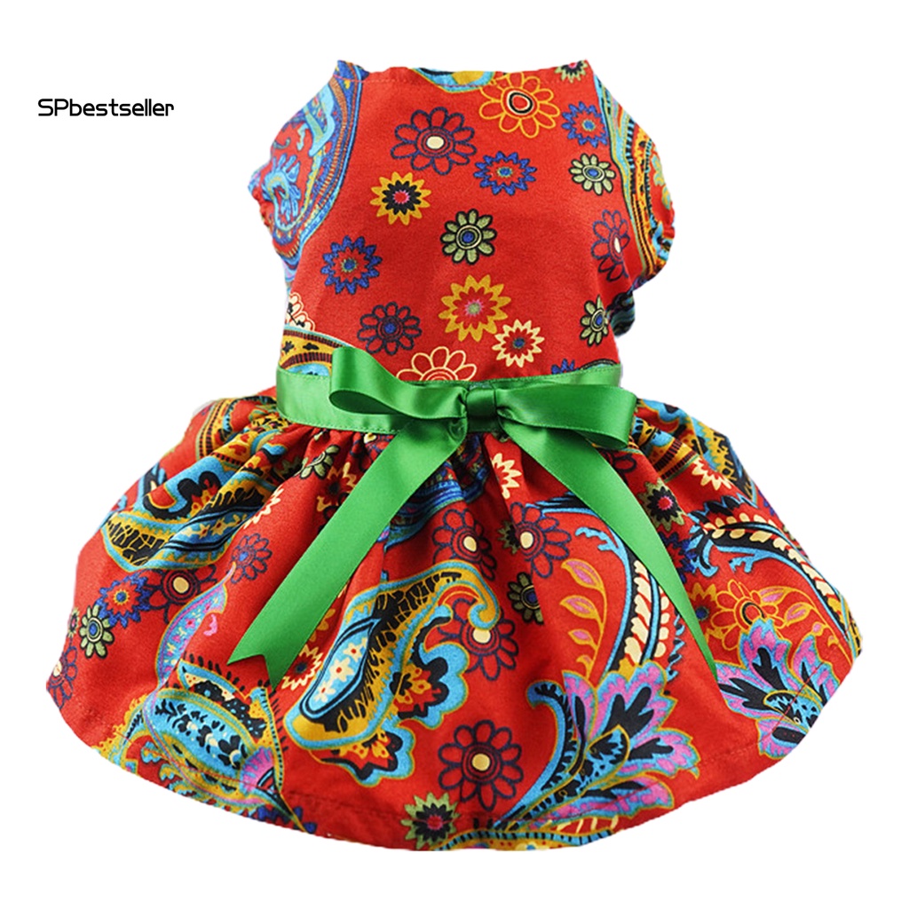 Spbest_đầm In Hoa Nhỏ Vừa Và Lớn Thắt Nơ Trang Trí Cún Cưng Dùng Làm Đạo Cụ Chụp Ảnh