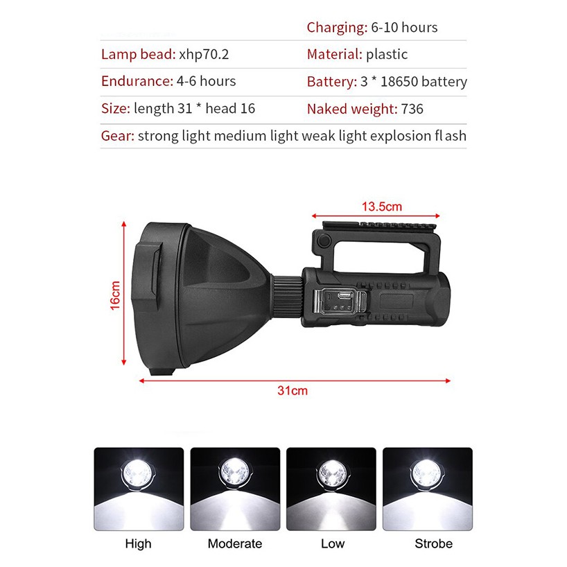 Đèn pin sạc cỡ lớn siêu sáng rọi công trình góc sáng rộng chiếu xa 1500m