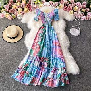(ODER) Đầm Maxi Đi Biển Váy Họa Tiết Loang Trễ Vai Độc Đáo Cho Mùa Du Lịch