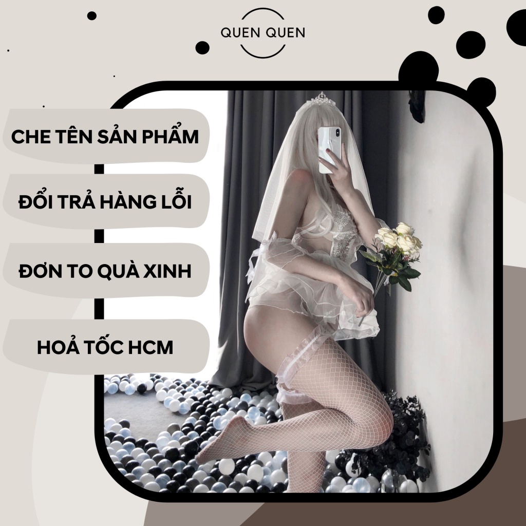 Đồ ngủ sexy đồ ngủ nữ cosplay cô dâu sexy ren lưới hoa văn màu trắng freesize QUENQUEN store b5 | BigBuy360 - bigbuy360.vn