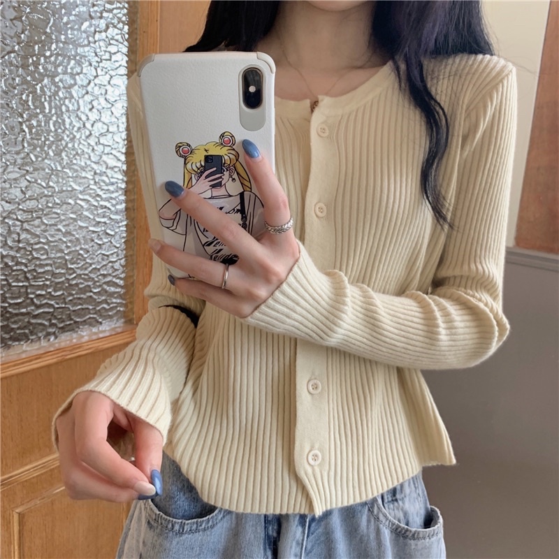 Áo len khoác len carigan nữ tay ôm dài, thân áo rộng màu trắng, màu đen, màu nâu, màu kem vàng