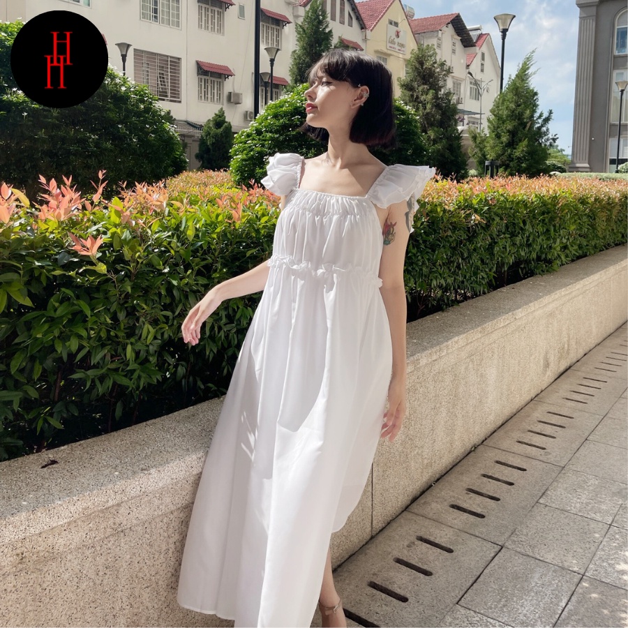 Đầm babydoll suông dài tay bèo màu trắng HDC106 Hỉn Hỉn Store