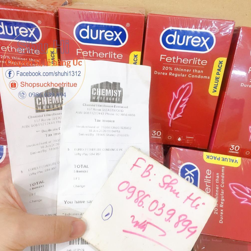 (Mẫu mới) Bao cao su siêu mỏng Durex Fetherlite Ultra Thin Feel Condoms Extra Sensitive Úc - Hộp 30 chiếc - đủ bill 👌