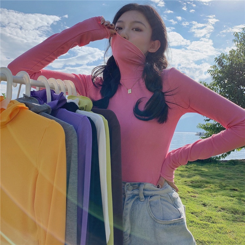 Áo Thun Cổ Cao Dáng Ôm Phong Cách Hàn Quốc Thời Trang Cho Nữ