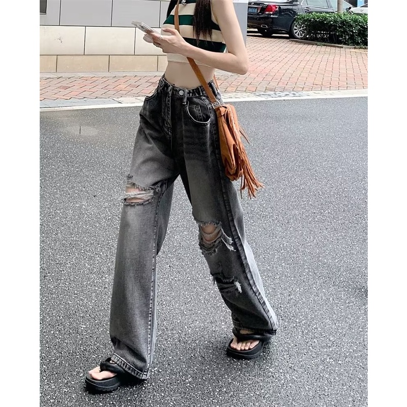 Quần jean ZHELIHANGFEI dài lưng cao dáng rộng thiết kế cắt xẻ thời trang cá tính dành cho nữ