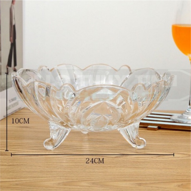 Khay Thố Hoa Quả Bánh Kẹo Thả Hoa Thuỷ Tinh 3 Chân siêu sang đẹp sz 24cm