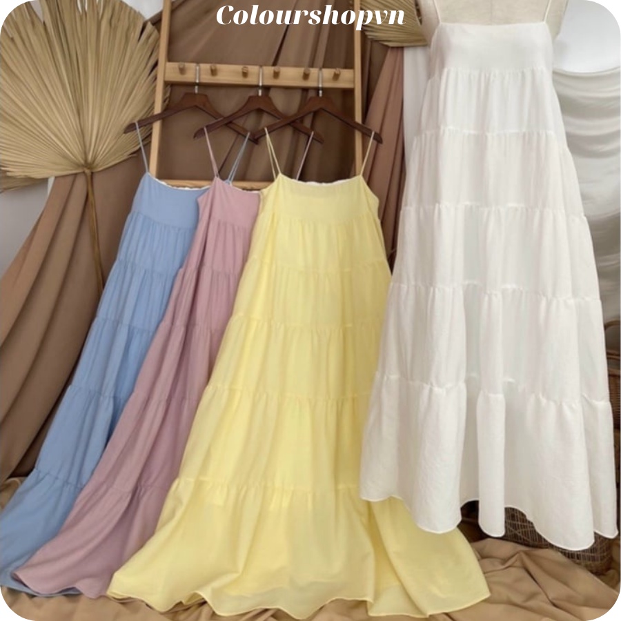 Đầm maxi 2 dây, đầm form babydoll thiết kế nhiều tầng tone màu pastel