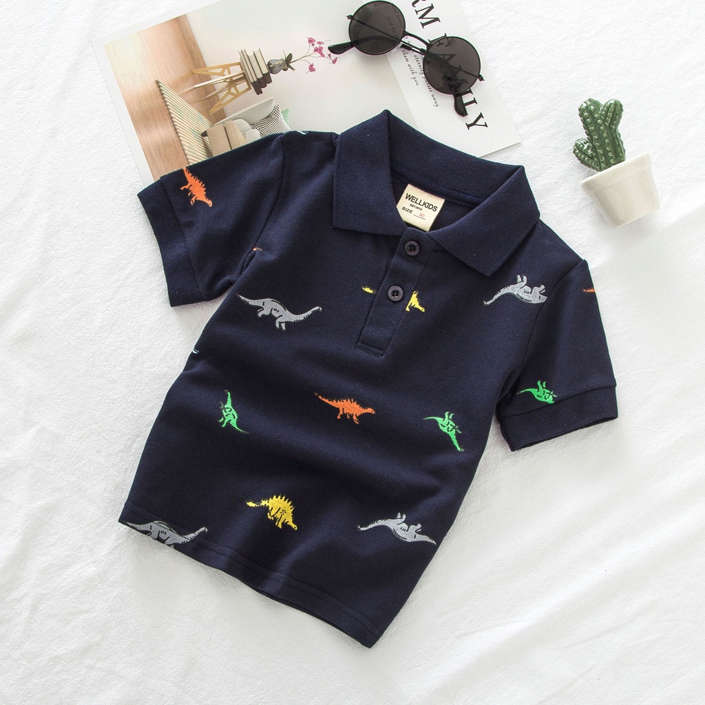 Áo phông cộc tay polo có cổ in hình khủng long cho bé trai chất vải cá sấu cao cấp - SUMO KIDS