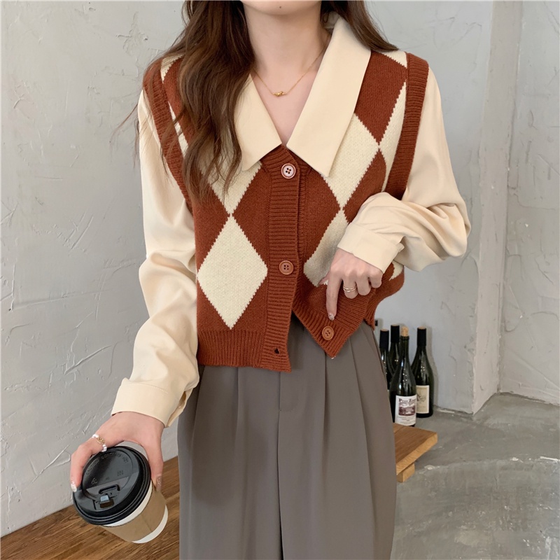 Áo len ZHELIHANGFEI tay dài giả hai lớp cổ polo dáng rộng họa tiết sọc caro dễ phối đồ