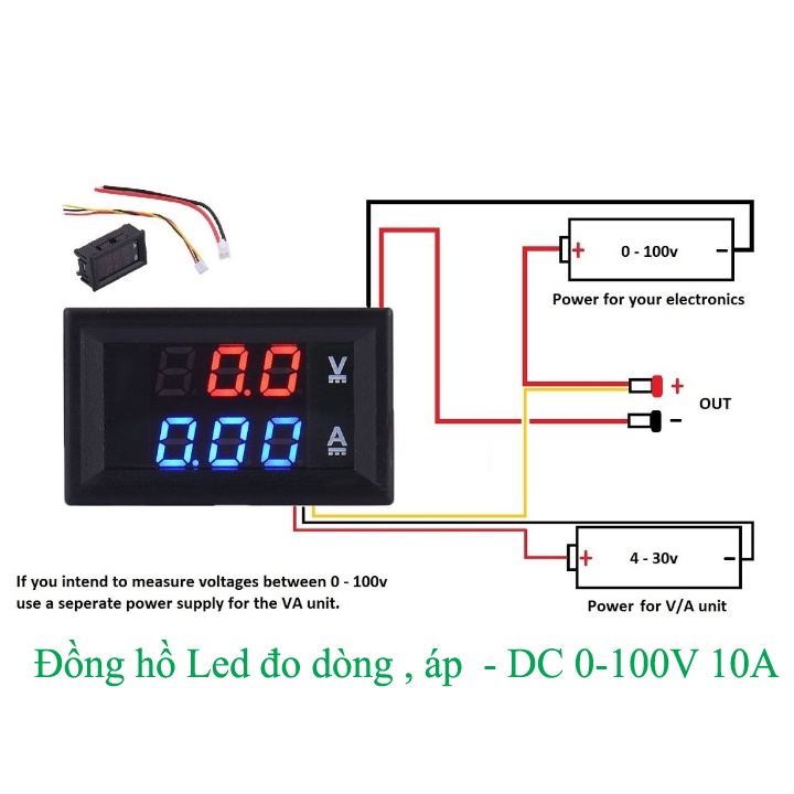 Đồng Hồ Led - Vôn kế điện tử 100V/10A - Vôn kế DC đo dòng và áp