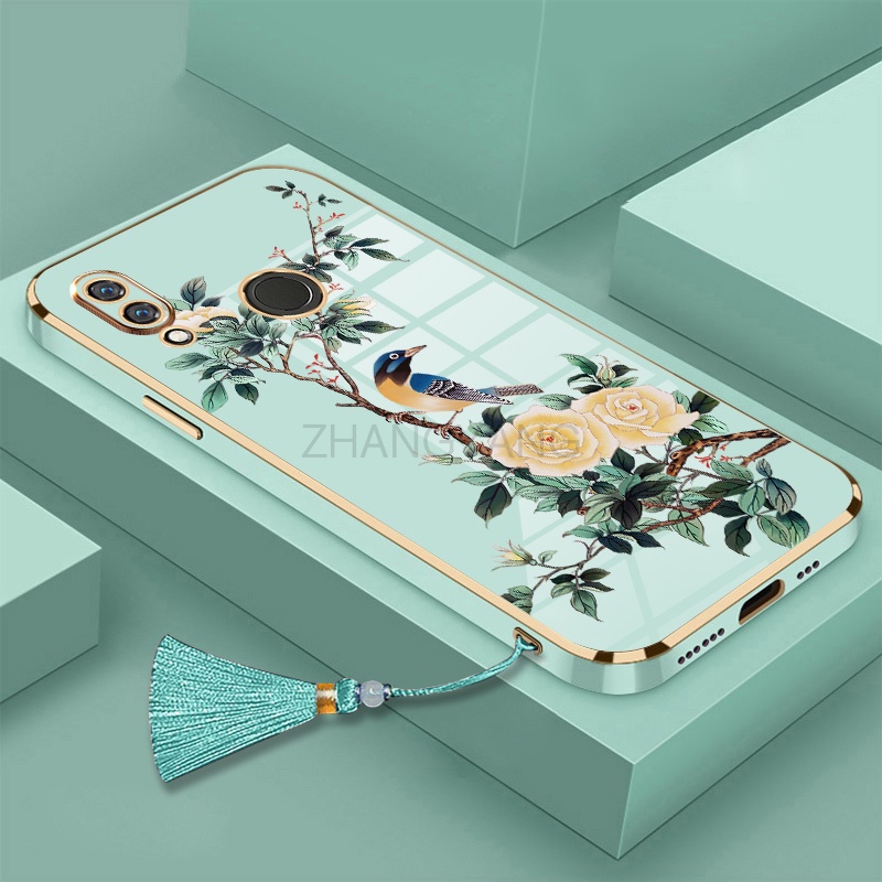Ốp lưng Samsung a12 a11 a10 a10s a20 a20s a30 a30s a50 Vỏ điện thoại di động TPU hoa văn chim và hoa được mạ điện có dây buộc tua