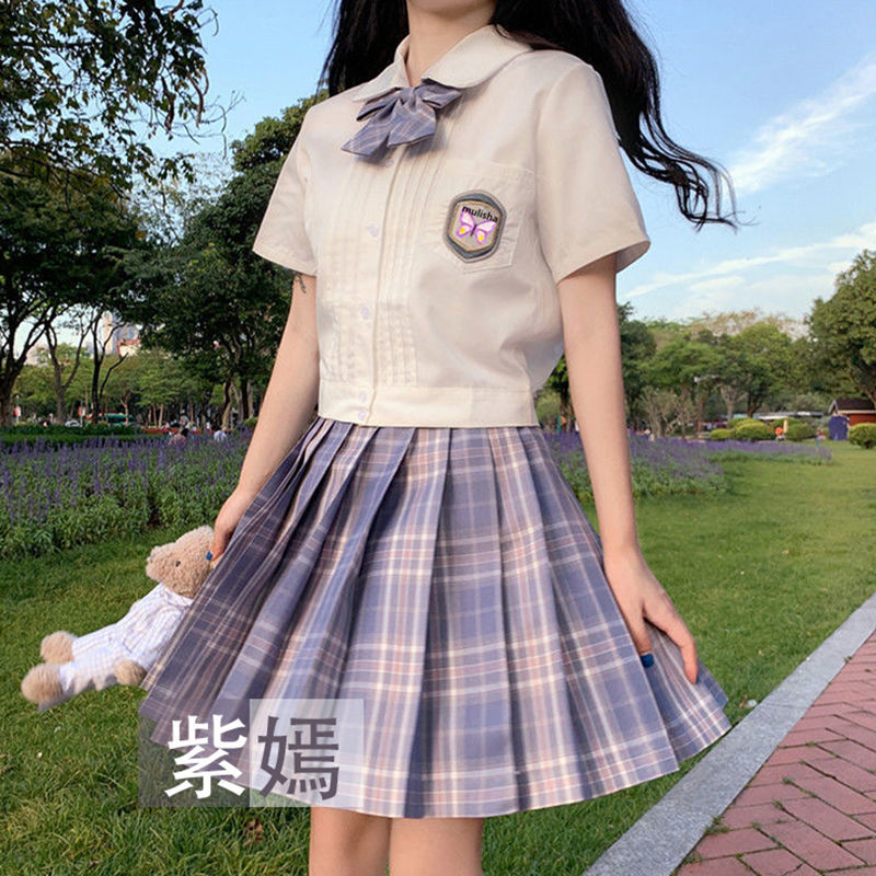 Jk Set Chân Váy Đồng Phục Xếp Ly Sọc Ca Rô Tím La Sauce jk Đáng Yêu Cho Nữ