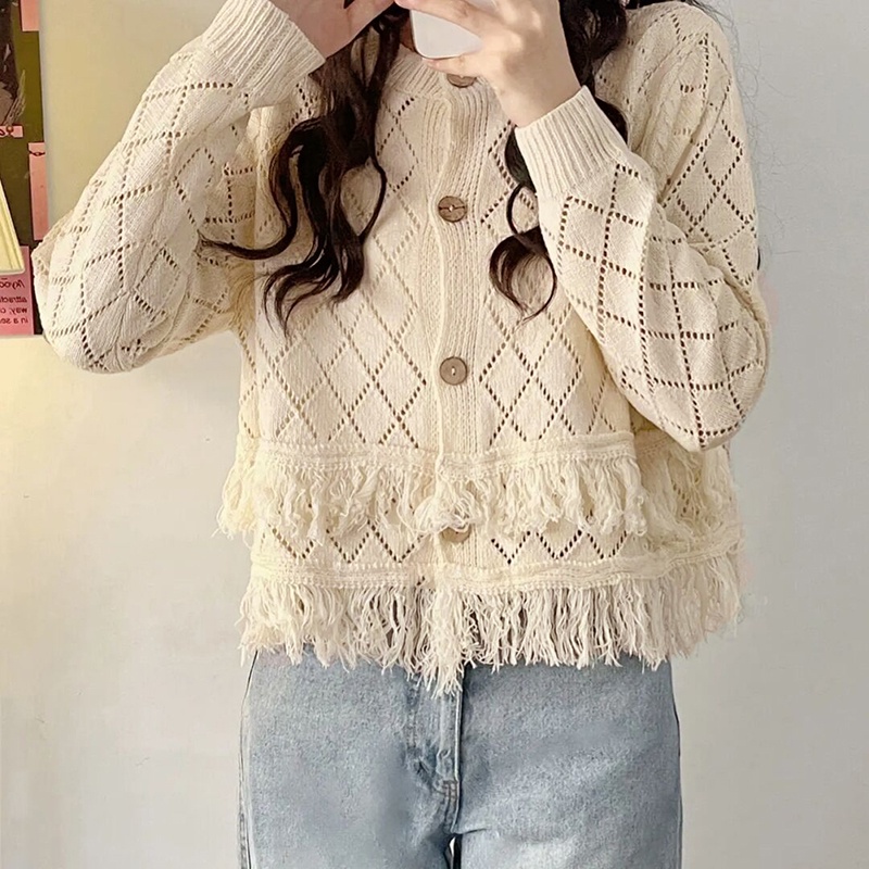 IELGY    Áo Khoác cardigan Dệt Kim Tay Dài Phối Tua Rua Thời Trang Cho Nữ