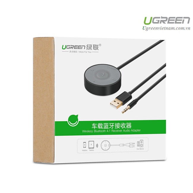 Thiết bị kết nối Bluetooth 4.1 cho điện thoại trên ô tô hỗ trợ 3.5mm và Microphone chính hãng Ugreen 30447