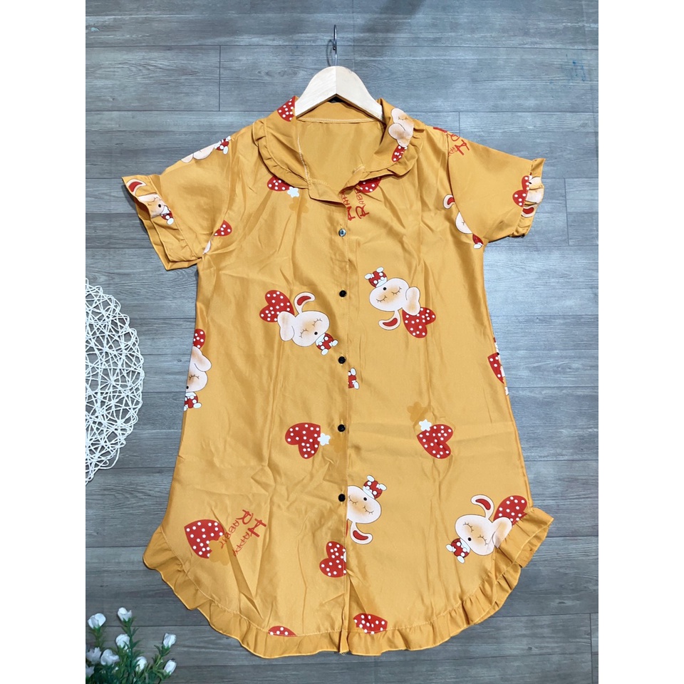 Đầm sơ mi ngủ vải lụa hàn siêu mát , thoải mái , họa tiết mấy con vật siêu xinh freesize dưới 57kg