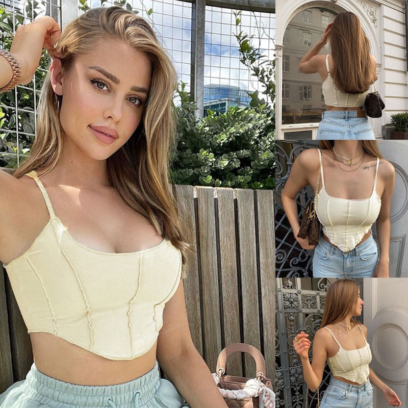 Áo Croptop Hai Dây Hở Lưng Cổ Vuông Họa Tiết Kẻ Sọc Phong Cách Quyến Rũ