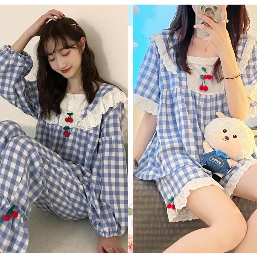 (SẴN) Set bộ mặc nhà sọc caro cherry ống loe quảng châu