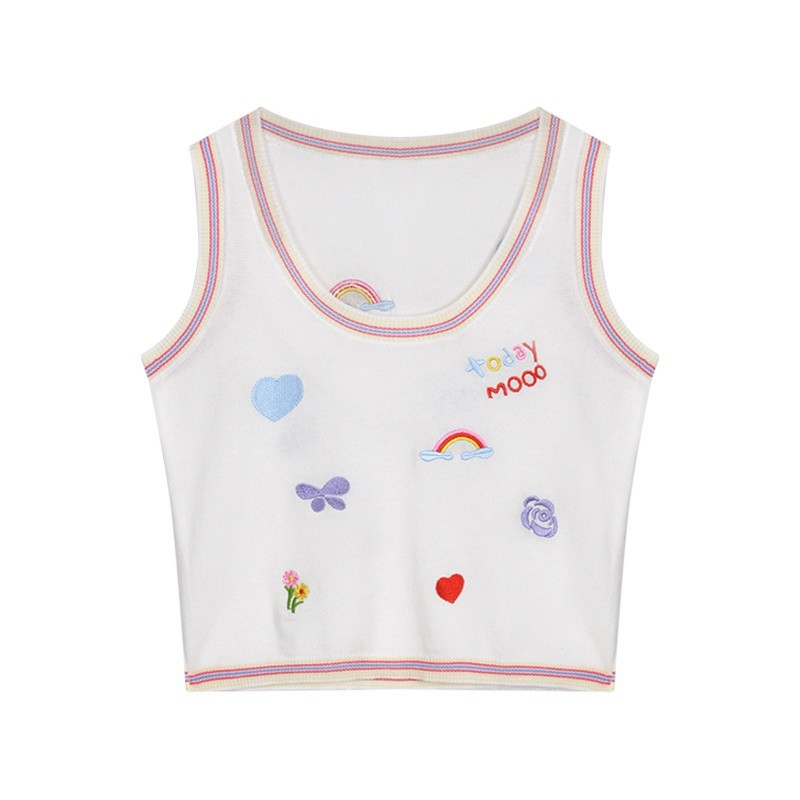Áo croptop dệt kim không tay thêu họa tiết thời trang năng động cho nữ