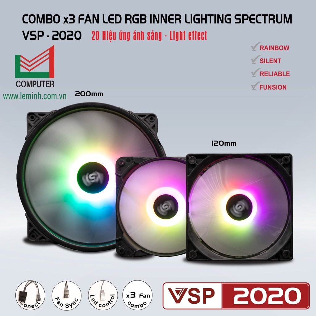 Quạt Tản Nhiệt Thùng Máy Vi Tính ( Fan Case) Bộ kit 3 Fan Led RGB VSP 2020 ( 1Fan 20cm và 2Fan 12cm)