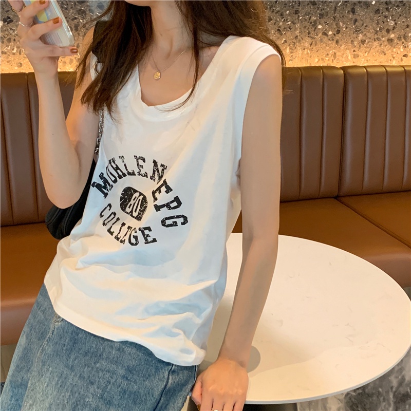 Áo thun SUXI không tay dáng rộng vải cotton in chữ thời trang mùa hè cho nữ