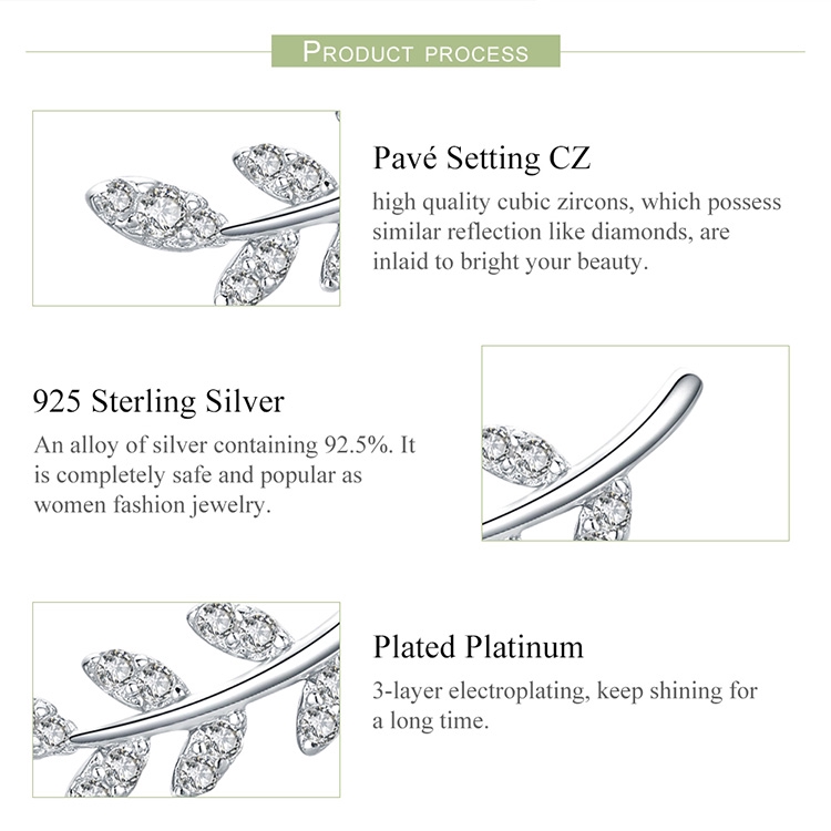 Hoa tai Bamoer Bse031 chất liệu bạc 925 thiết kế hình chiếc lá đính đá lấp lánh sành điệu