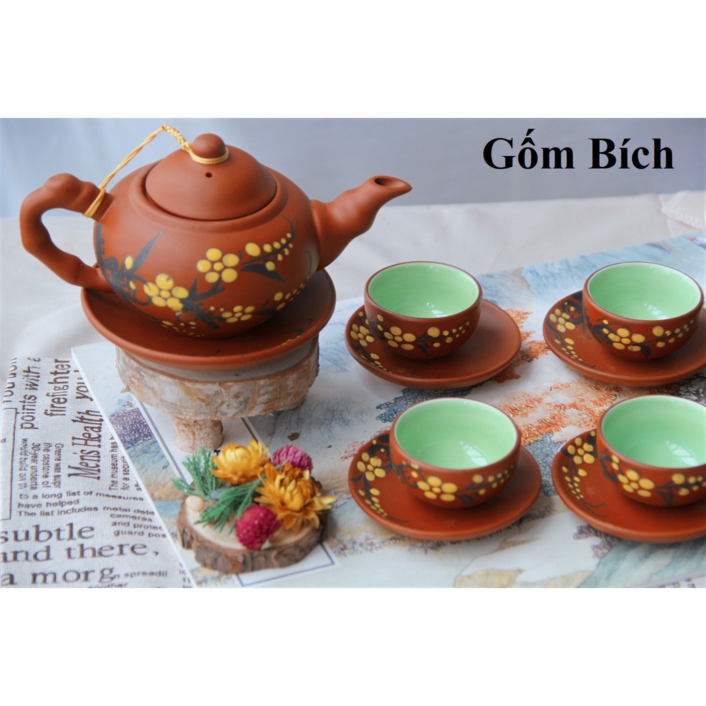 Bộ Ấm Trà Tử Sa Size Nhỡ Hoa Đào Vàng 280ML Gốm Sứ Bát Tràng - Gốm Bích