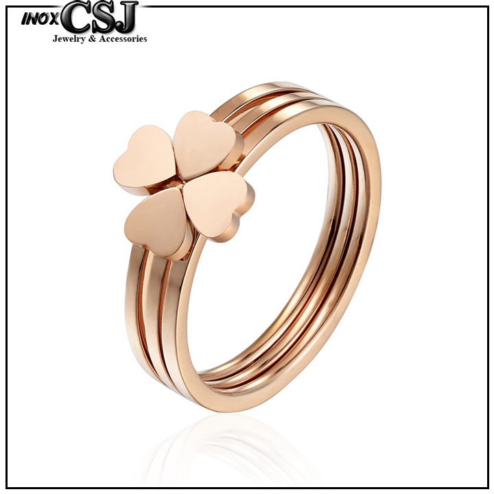 combo 3 nhẫn titan cỏ 4 lá màu vàng hồng siêu cute (tặng hộp đựng nhẫn cực xinh)