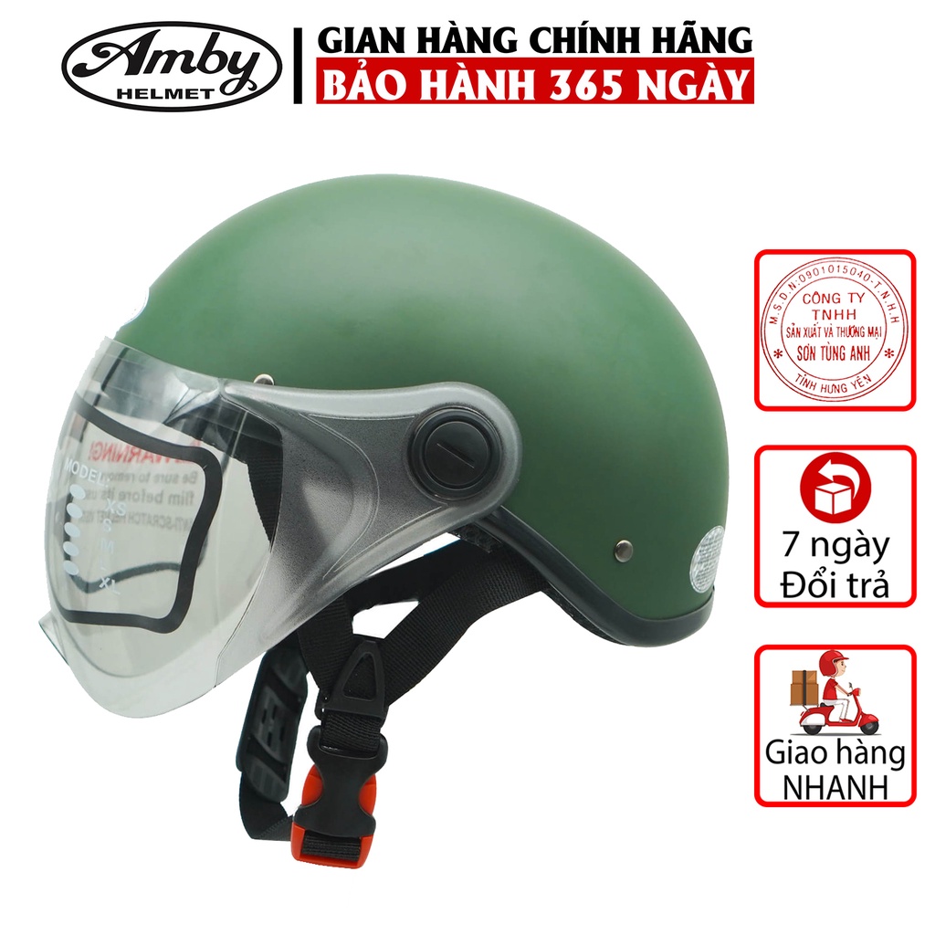 Mũ Bảo Hiểm Nửa Đầu Amby Helmet ST05, có kính che nửa mặt, kiểu dáng thời trang, khóa nhựa bền chắc - Xanh Lục Quân