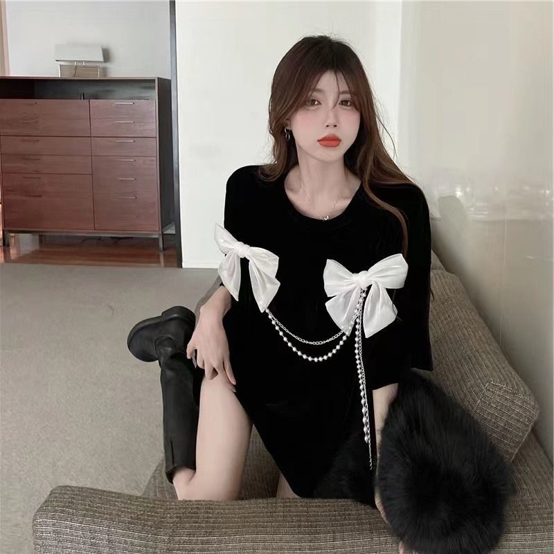 Áo Thun Tay Ngắn Dáng Rộng Mùa Hè Thiết Kế Thắt Nơ Dây Xích Phong Cách Hàn Quốc Mới Cho Nữ