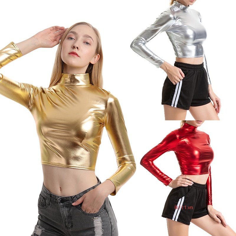 Áo Croptop Da Bóng Cổ Lọ Ôm Dáng Quyến Rũ Cho Nữ