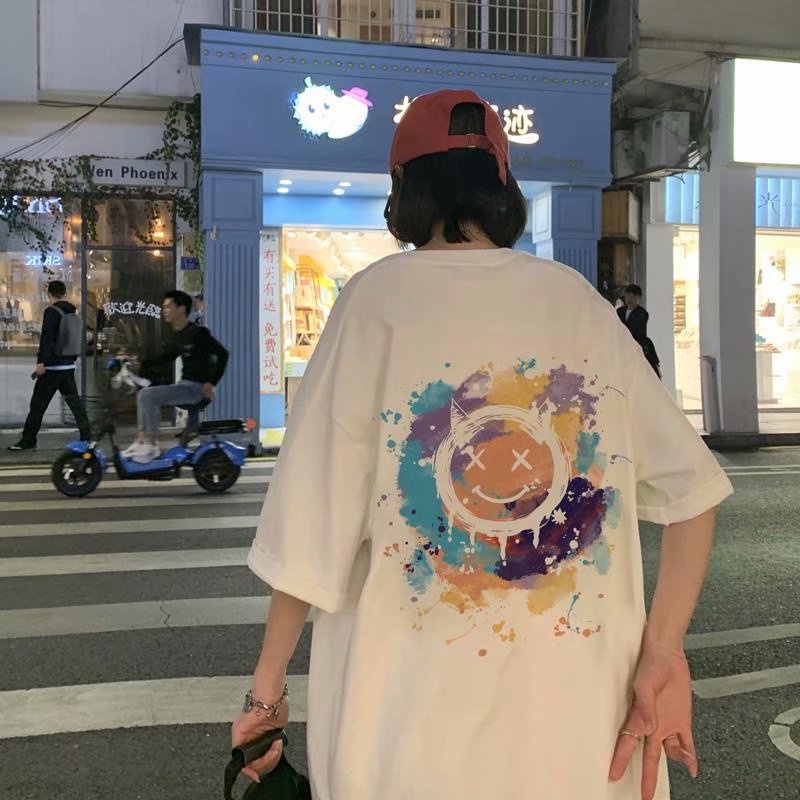 Áo thun tay ngắn dáng rộng in hình mặt cười phong cách mùa hè thời trang cho nam