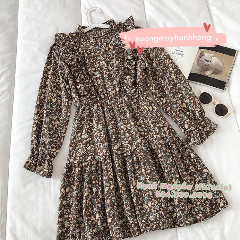 Váy hoa nhí chiffon vintage quảng châu viền bèo tiểu thư