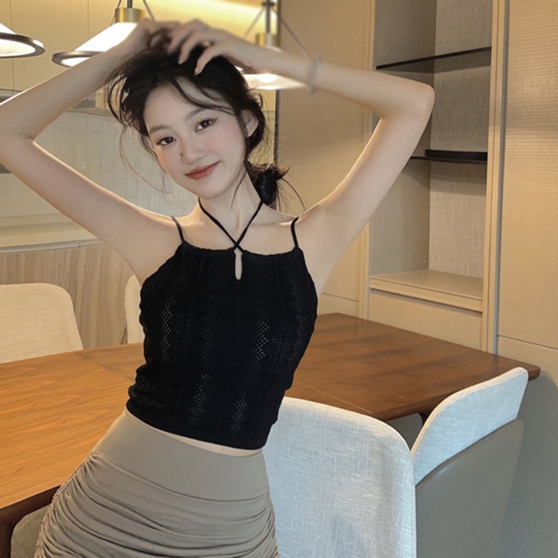 Áo Croptop Dệt Kim Sát Nách Cổ Yếm Thời Trang Cho Nữ