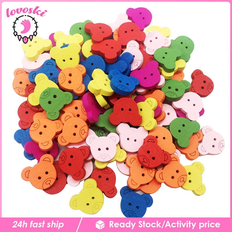 Bộ 100 Nút Gỗ Hình Gấu Nhiều Màu Sắc Dùng Trang Trí Scrapbook DIY