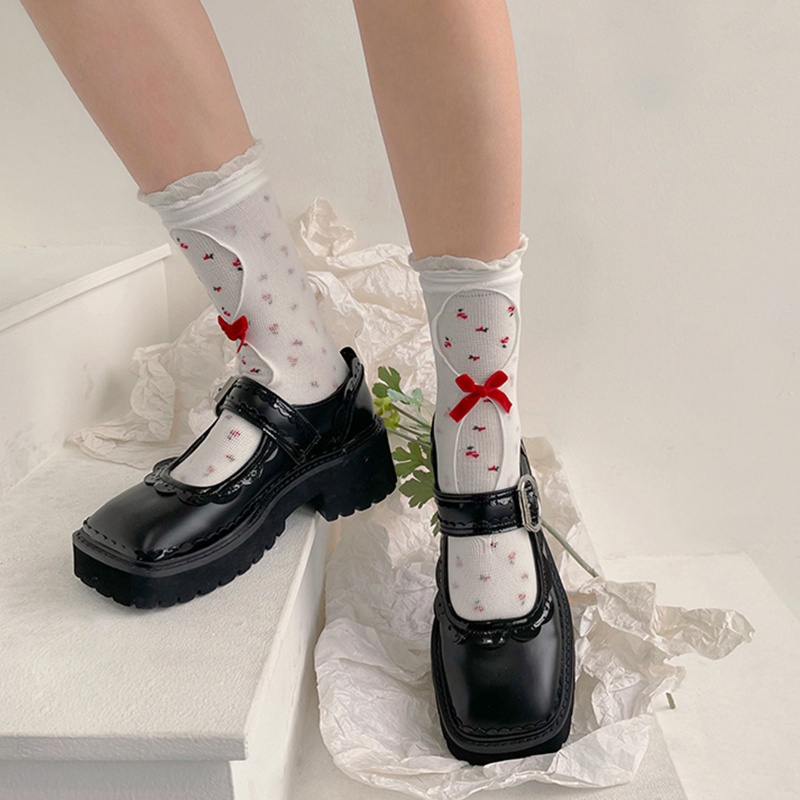 Youyo Vớ Lưới Hai Lớp Rỗng In Hoa Khoét Rỗng Viền Bèo Nhún Phong Cách Lolita Nhật Bản Ngọt Ngào Cho Nữ