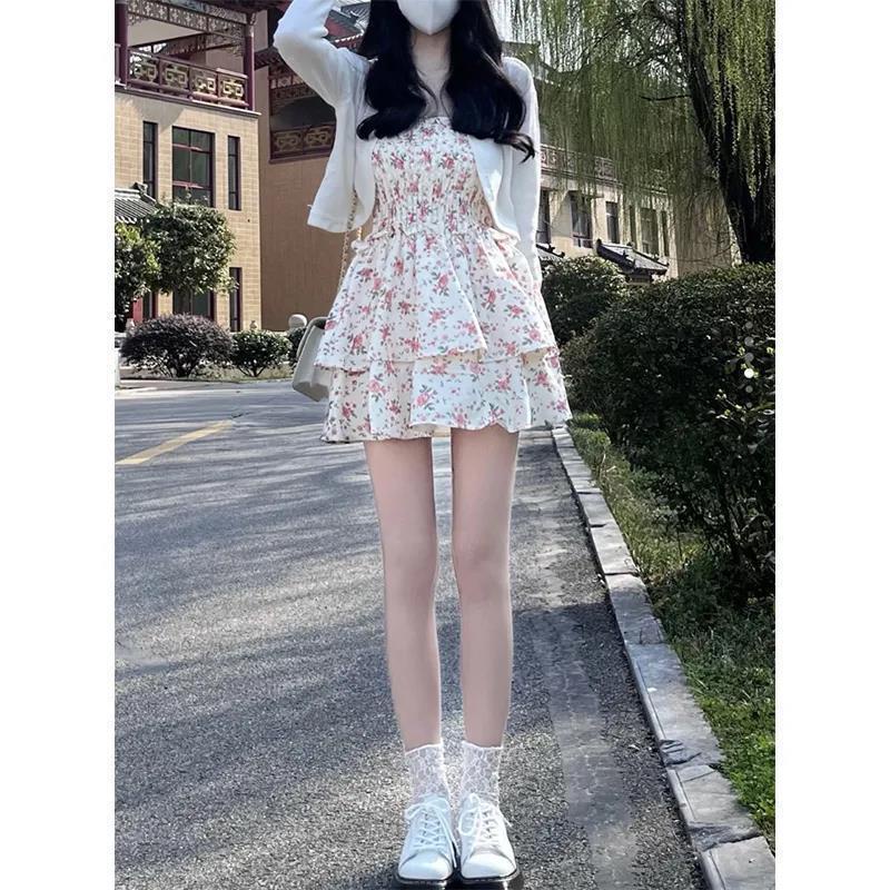 Set Đầm Hoa Hai Dây Và Áo Khoác Cardigan Dệt Kim Mỏng Chống Nắng Hàng Mới