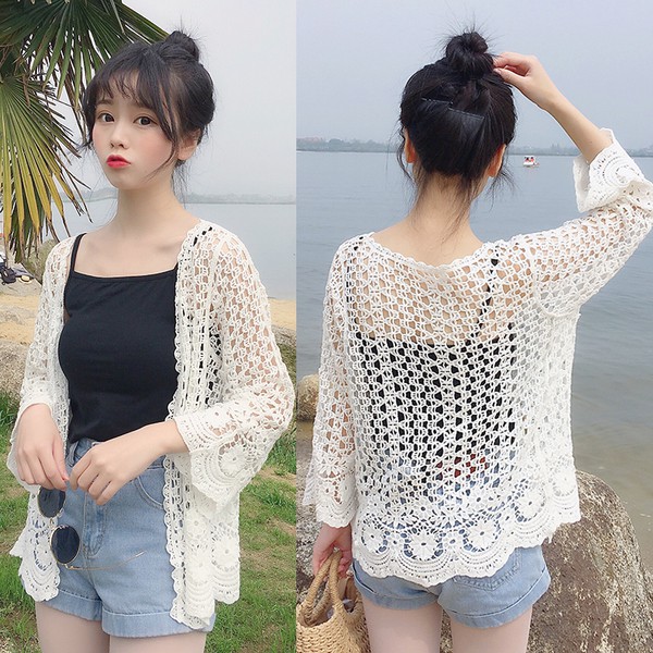 Áo khoác Kimono phối ren hoa thiết kế thanh lịch cho phái nữ