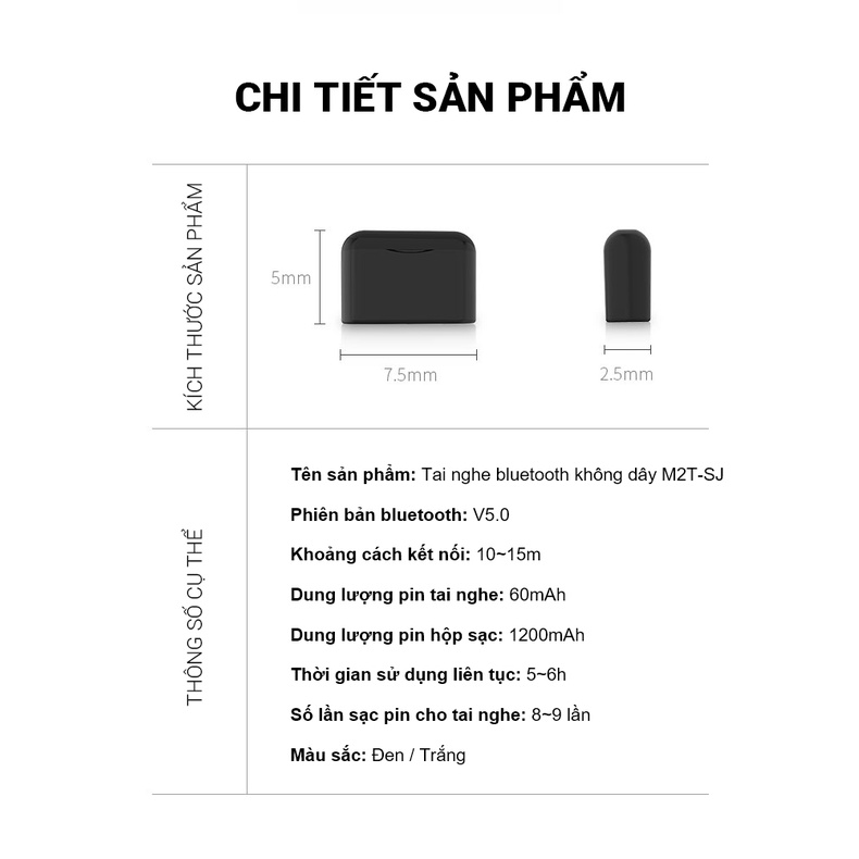 Tai nghe bluetooth không dây Cát Thái M2T giảm ồn thông minh âm thanh surround lập thể vừa là sạc dự phòng 1200mAh