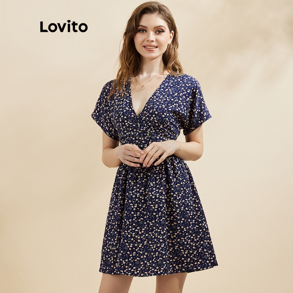 Đầm hoa Lovito phối nhún bèo uốn nếp cổ chữ V thiết kế buộc dây phong cách thường ngày L19D463 (Màu xanh dương)