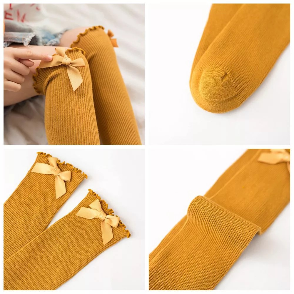 Đôi vớ cotton dáng dài trang trí nơ xinh xắn cho bé gái 1-8 tuổi