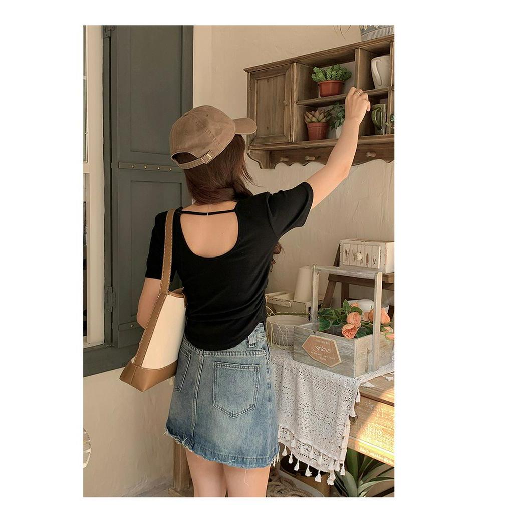 Áo Thun Dáng Ôm Cổ Tròn Ngắn Tay Khoét Lưng Thời Trang Cá Tính 61815