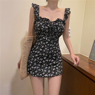 Váy hoa đen, kiểu dáng Hàn Quốc, váy ngắn xinh xắn