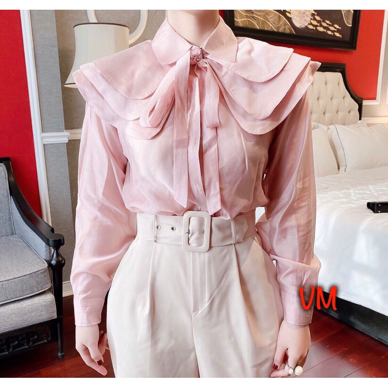 Áo sơmi tơ cổ sen 2 lớp