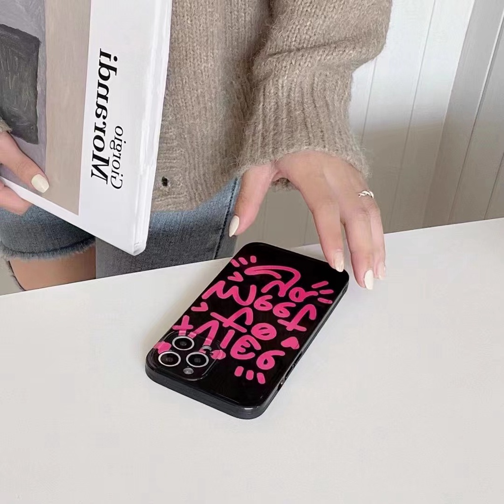 Ốp Điện Thoại imd Màu Đen Họa Tiết Chữ Hồng Dễ Thương Cho iPhone 8plus x xr xsmax 11 11promax 12 12promax 13 13promax
