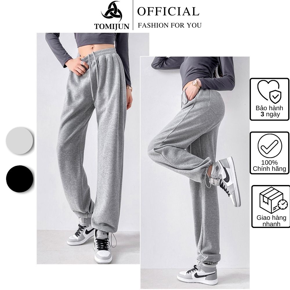 Quần dài ống rộng TOMIJUN Unisex, quần dài cạp chun có dây rút, mặc 2 kiểu bo và suông vải nỉ co dãn dày dặn mặc 4 mùa