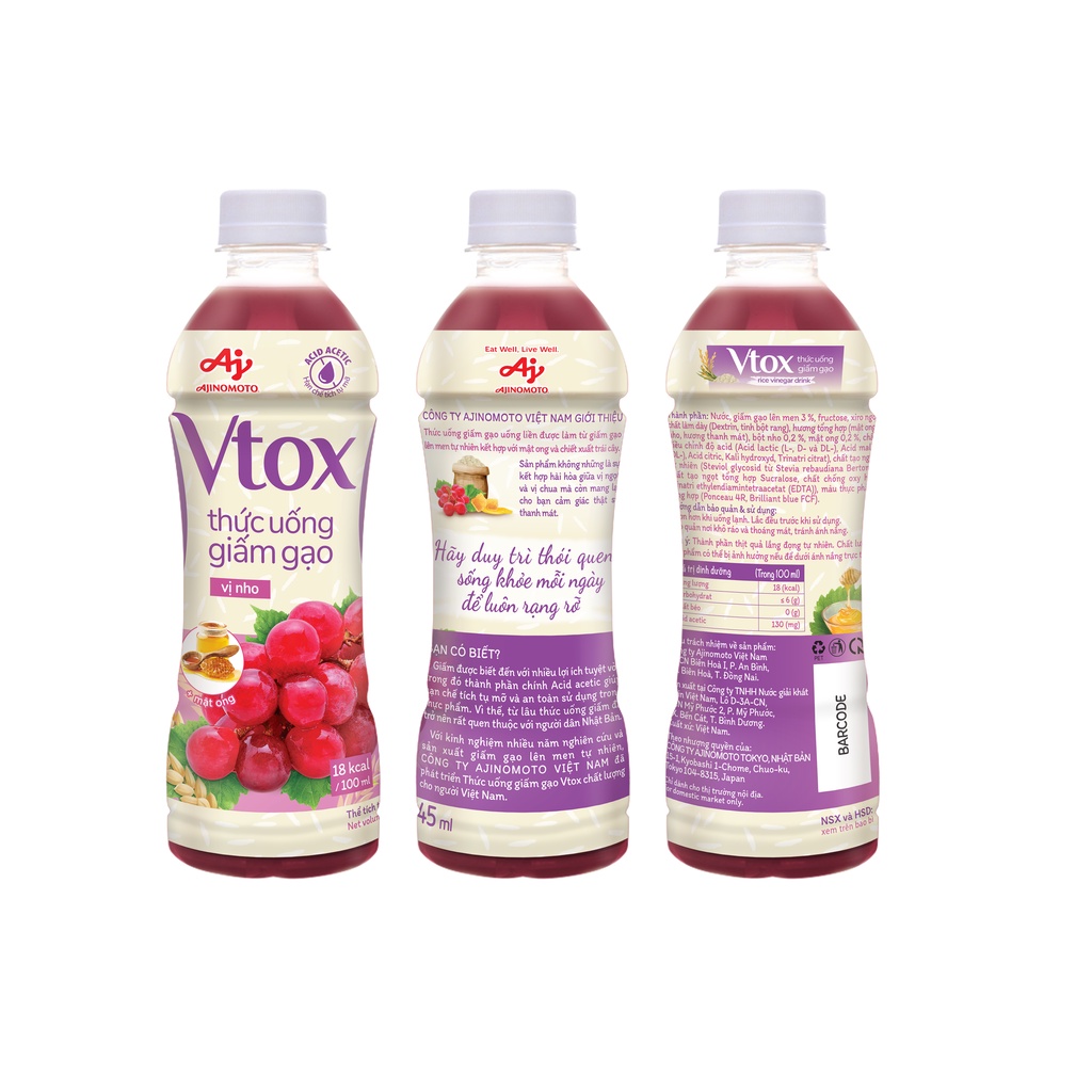 Thùng Thức uống giấm gạo Vtox - Vị Nho (24 chai/345ml)