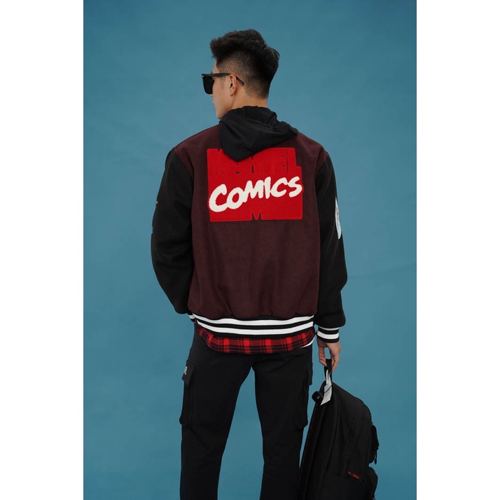 Áo Khoác Bomber Varsity Unisex BOO Dáng Oversize Đính Patch Marvel BZL Phong Cách Streetwear