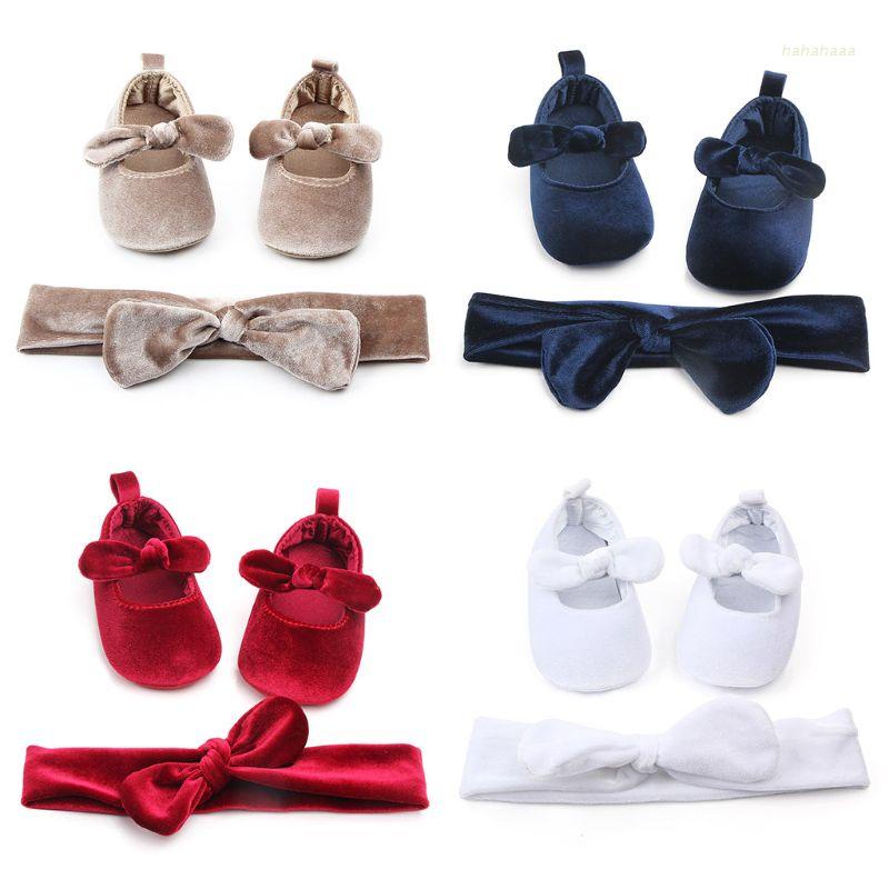 Bộ 2 Giày Cotton Đế Mềm Chống Trượt Đính Nơ Kèm Băng Đô Dành Cho Bé Gái Sơ Sinh