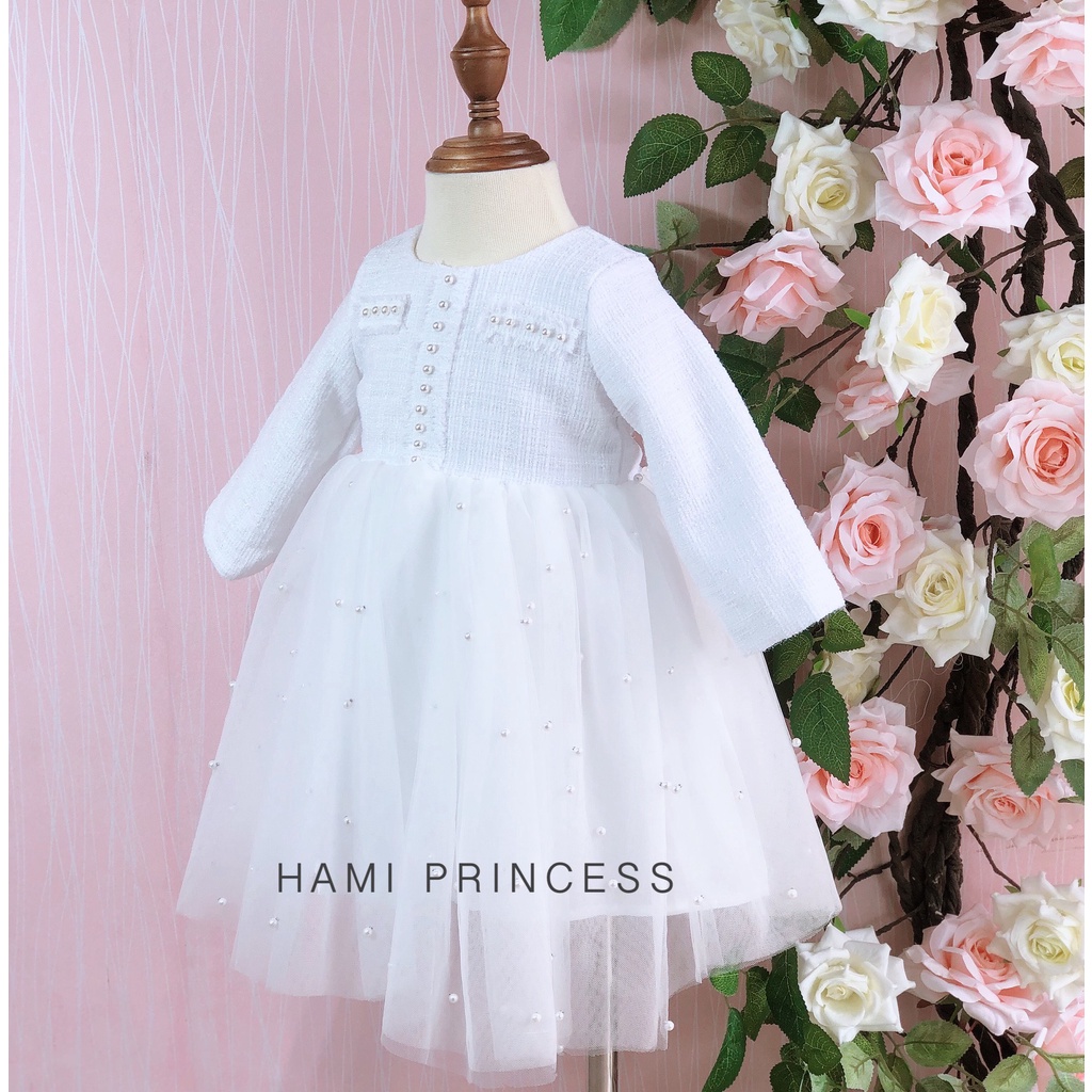 Váy Dạ Tweed Liền Thân Màu Trắng Ngọt Ngào Cho Bé Gái HAMI PRINCESS ❤️